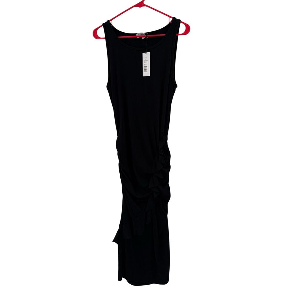 Michael Stars Shira Ruffle Midi Dress Women's Large Black Ultra Rib NWT Bodycon